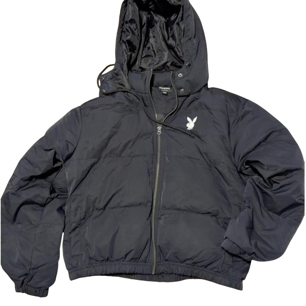 00073- Playboy by PacSun Black Hooded Puffer Jacket White Bunny Logo XS/S